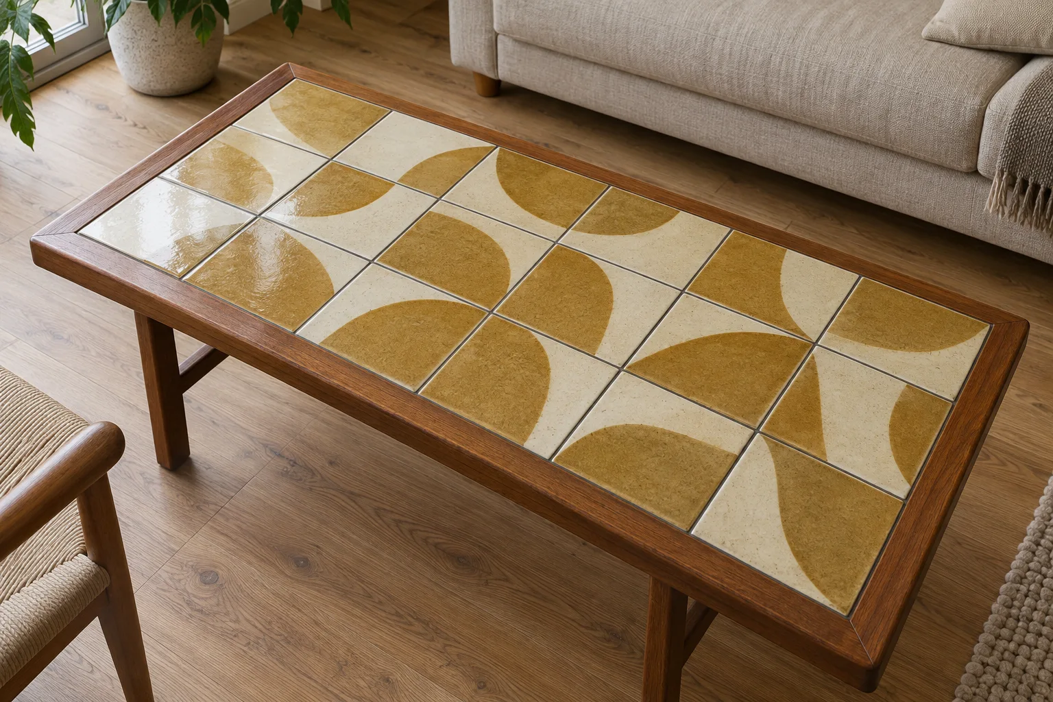 A rectangular wooden table with an eighteen-tile ceramic surface seen from above at an angle.