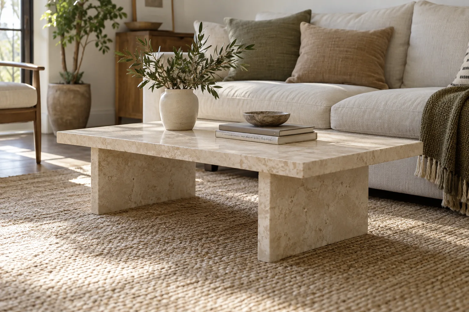 A low pale stone-coloured coffee table on two slab supports in front of a sofa.