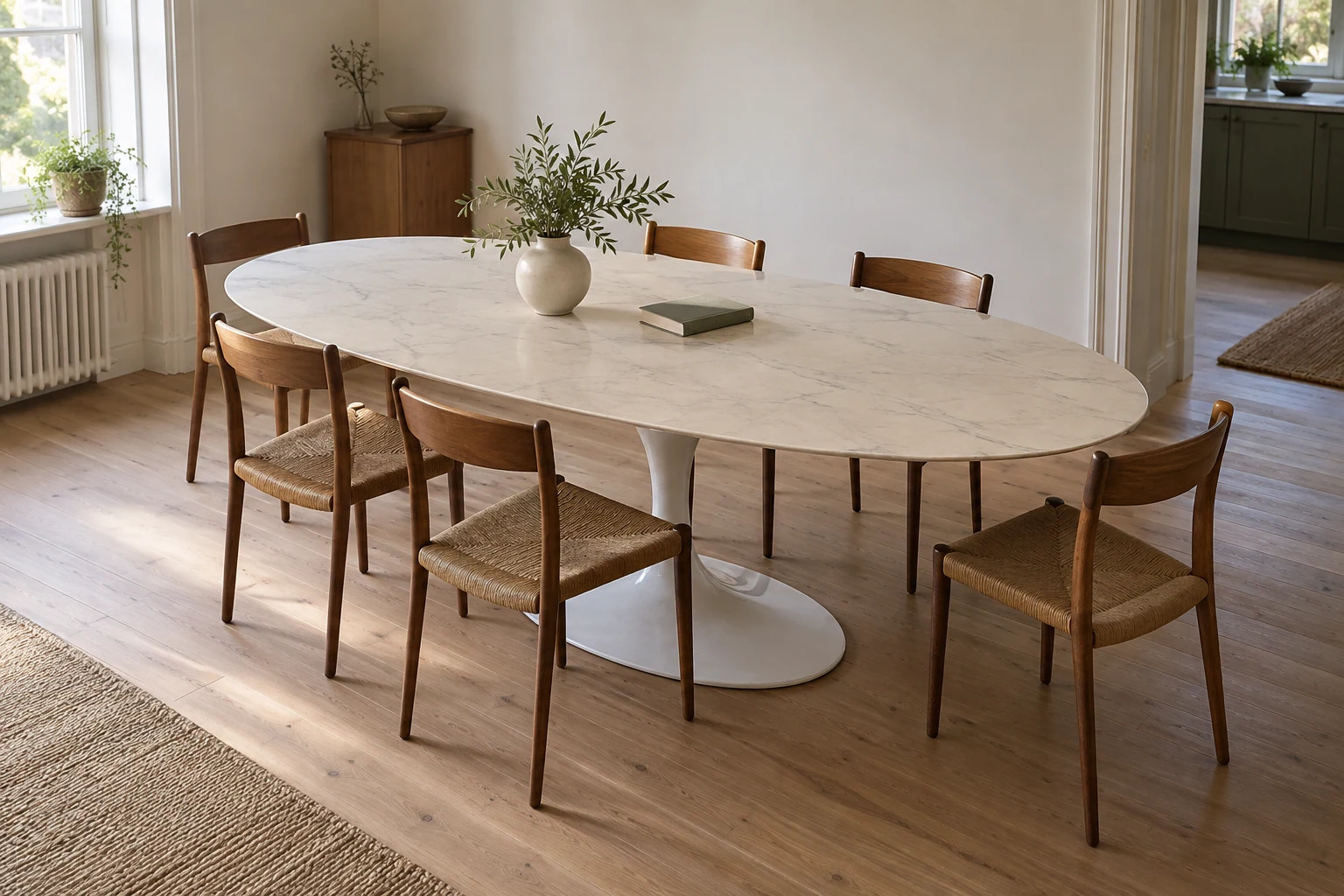 An oval stone-look pedestal table occupies a long dining room with six timber chairs.