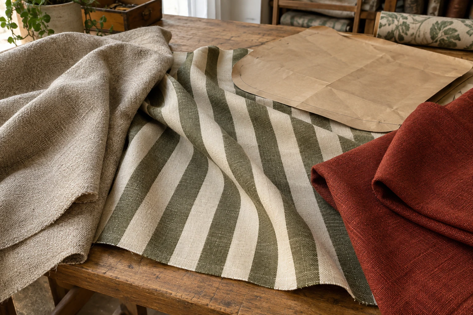 Plain cream, green-striped and rust-coloured upholstery fabrics lie on a worktable beside a paper cushion shape.