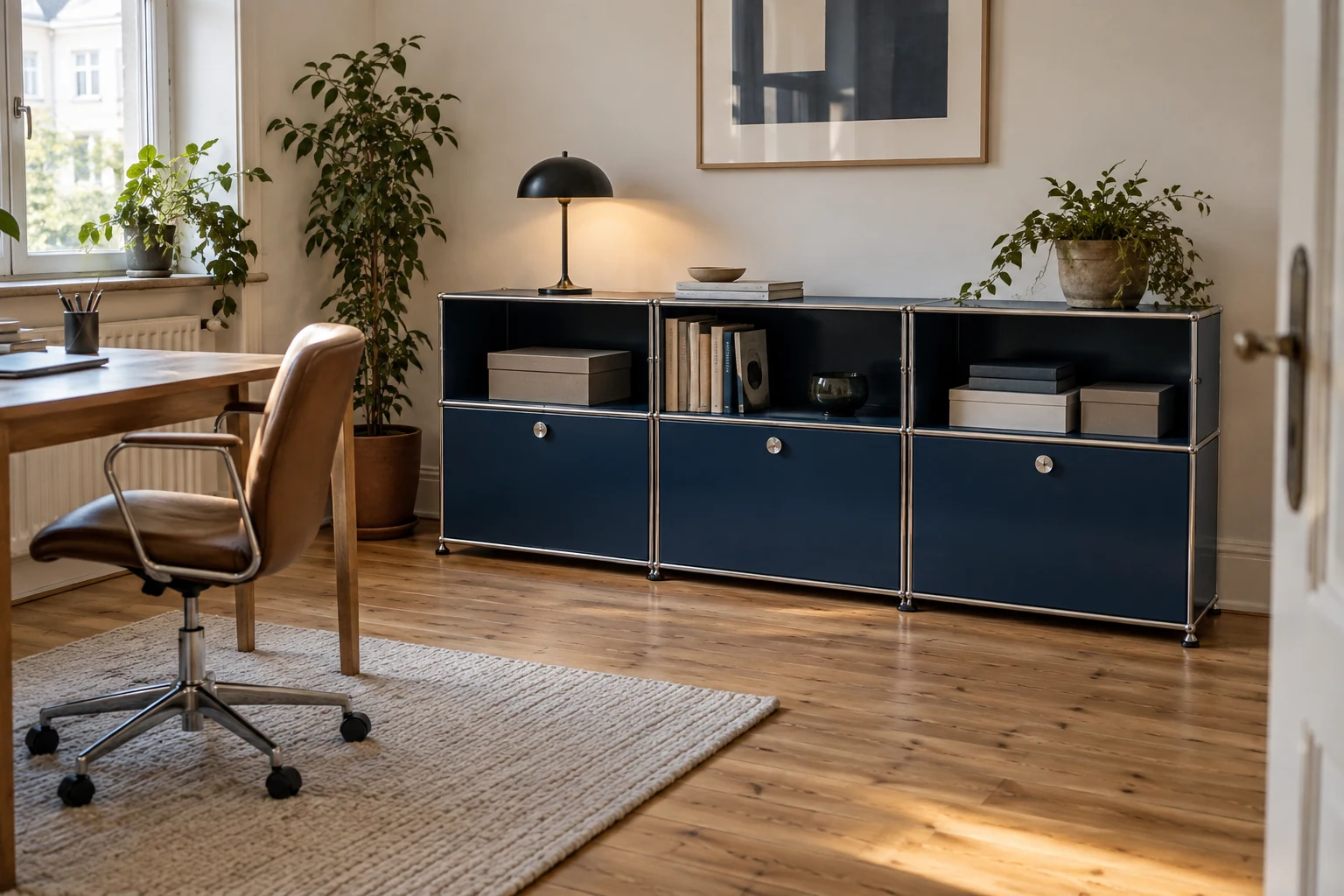 A dark blue three-bay metal storage unit stands beside a wooden desk, with books and storage boxes in open compartments.