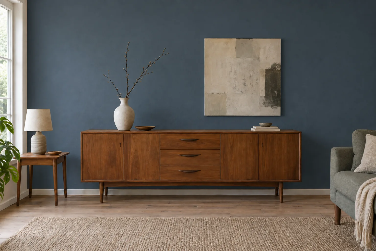 The same sideboard arrangement against a deep blue wall.