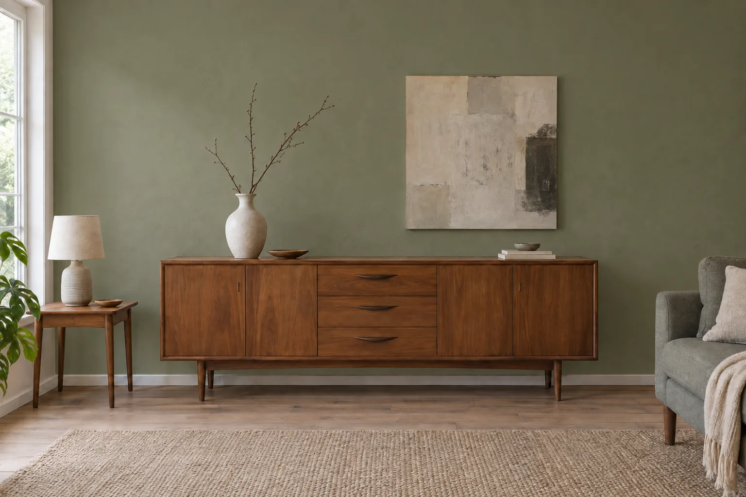 The same sideboard arrangement against a muted green wall.