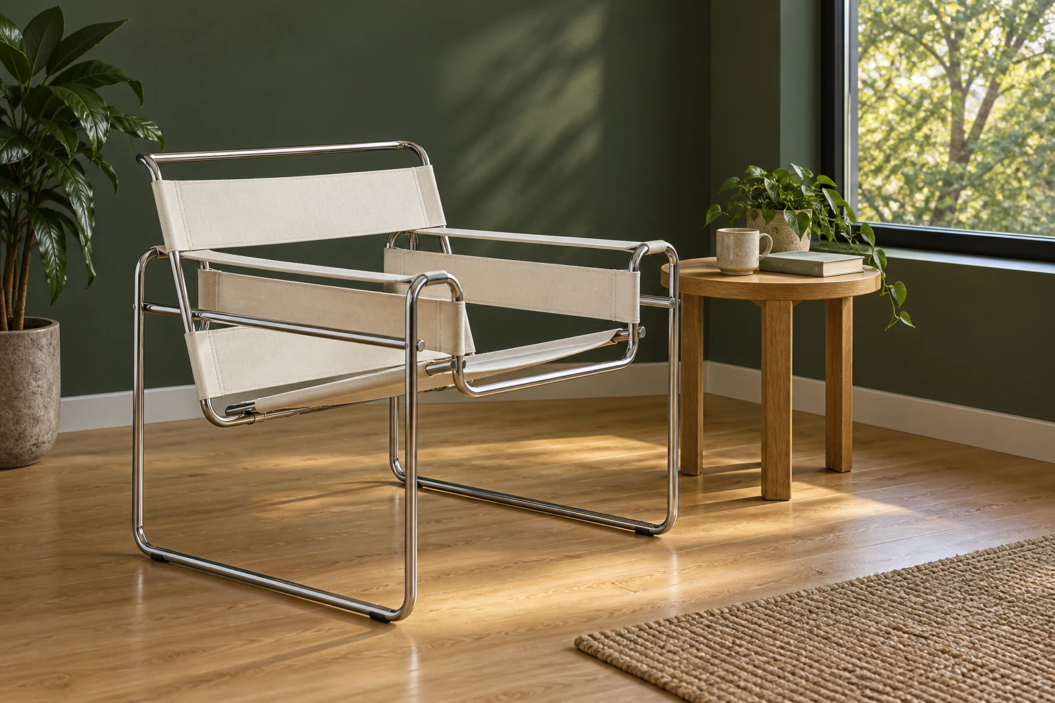 A pale canvas sling chair with a tubular metal frame stands against a dark green wall beside a low wooden table.