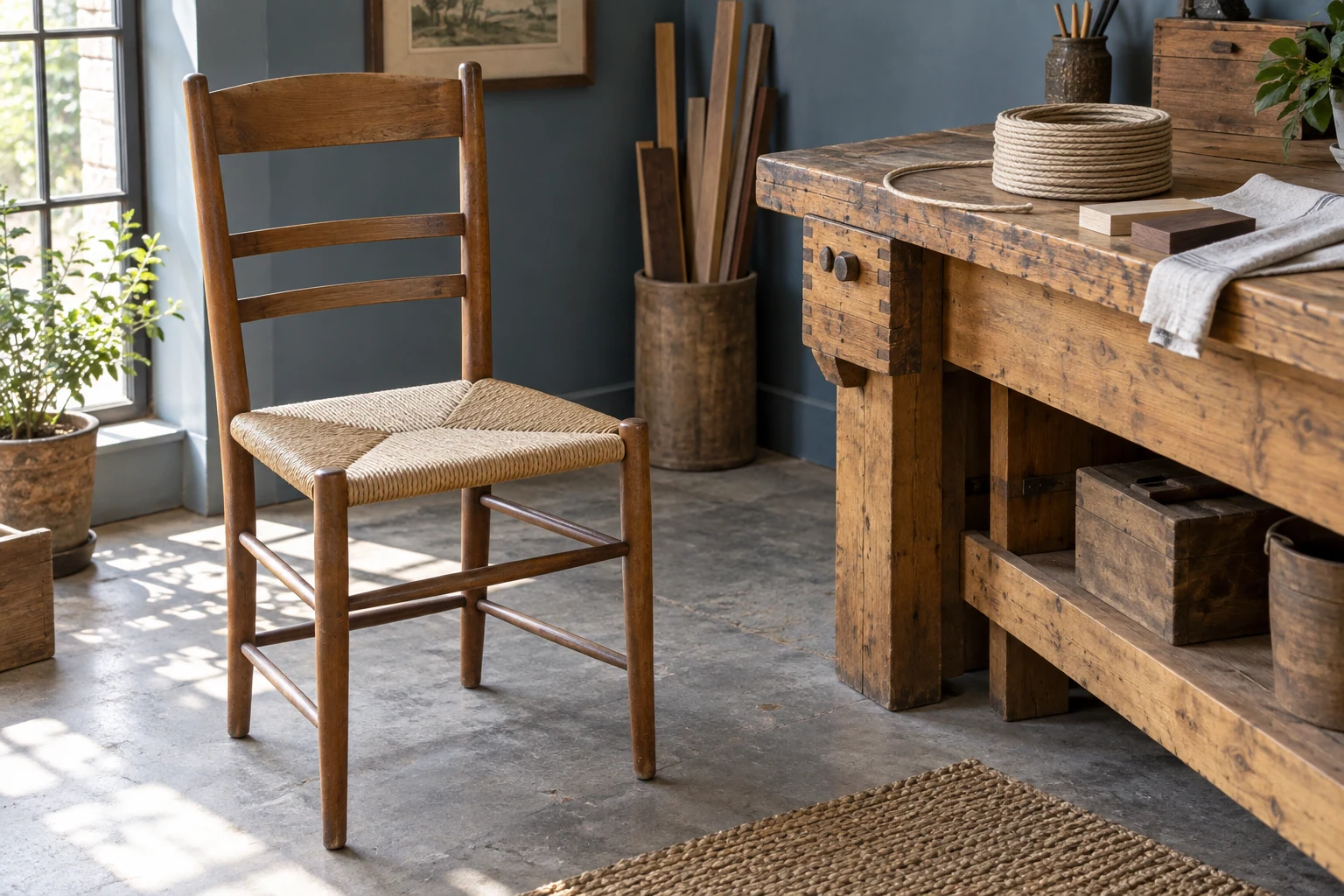 A timber ladder-back chair stands beside a workbench holding a coil of cord, wood samples and a folded cloth.