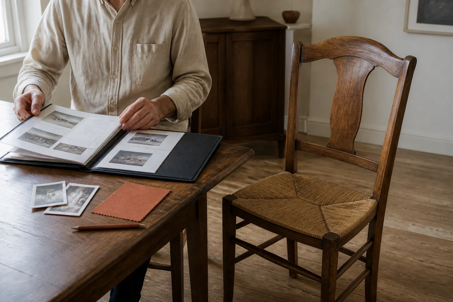 A buyer in a quiet showroom reviews an organised folder and photographic record cards beside one complete vintage wooden chair.