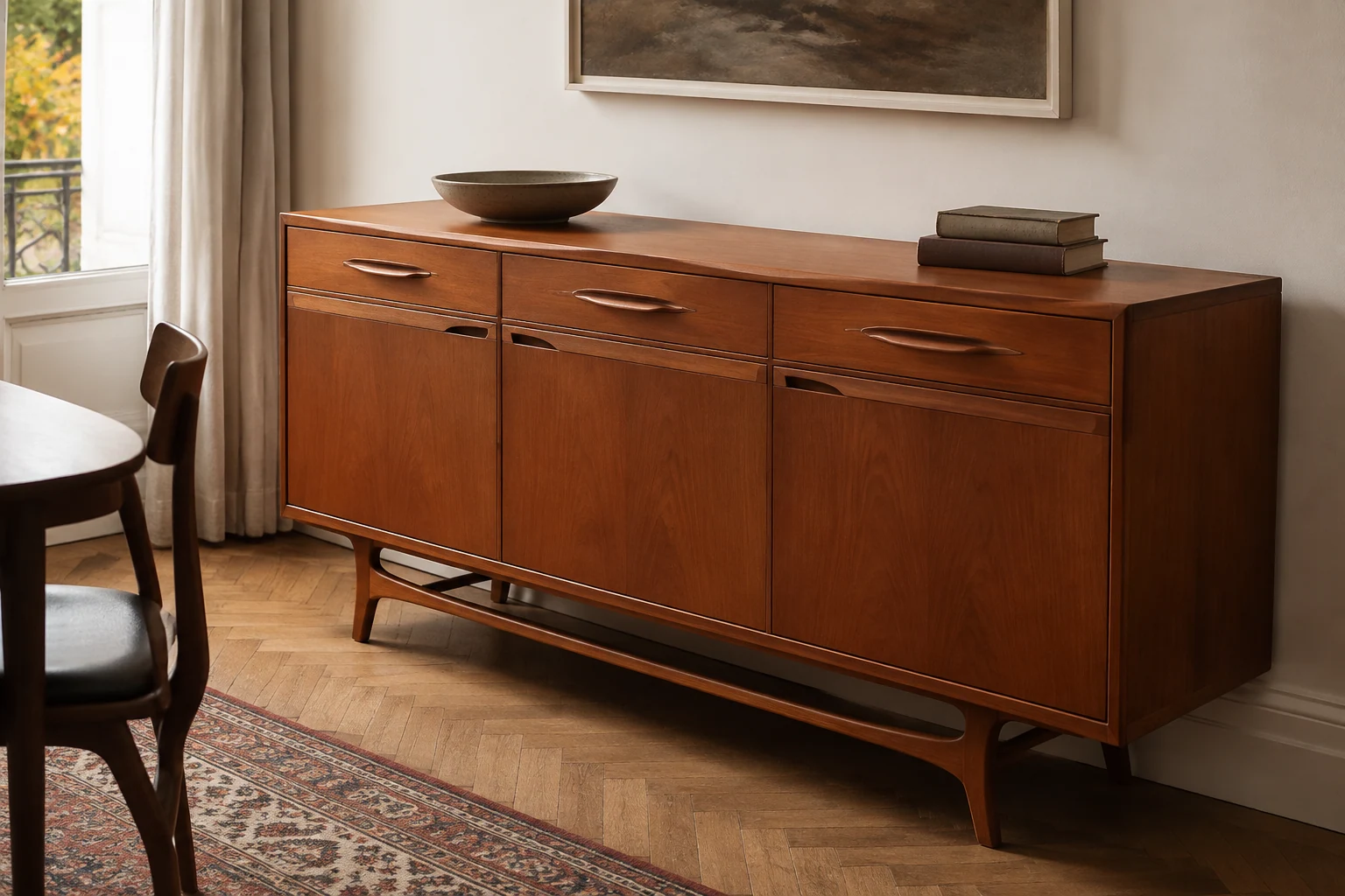 A low teak-coloured sideboard with sculpted handles in a dining room.