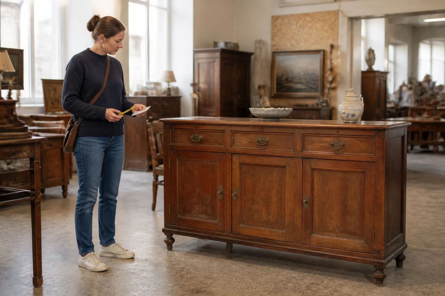 A buyer with a tape measure and notes observes a complete wooden sideboard in an antiques market.