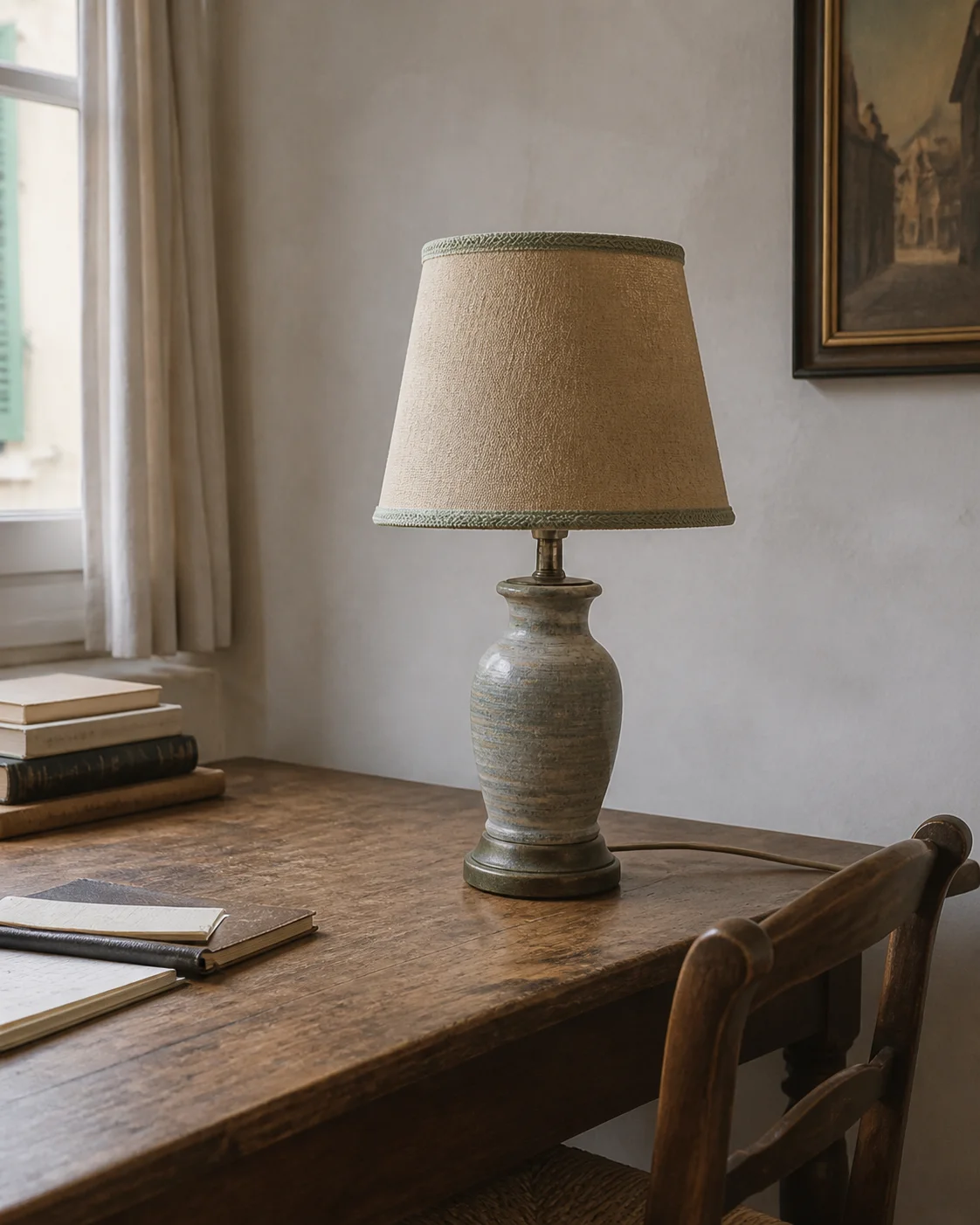 A generic vintage table lamp, switched off, stands on a wooden writing table in soft daylight with the beginning of its cable route visible.