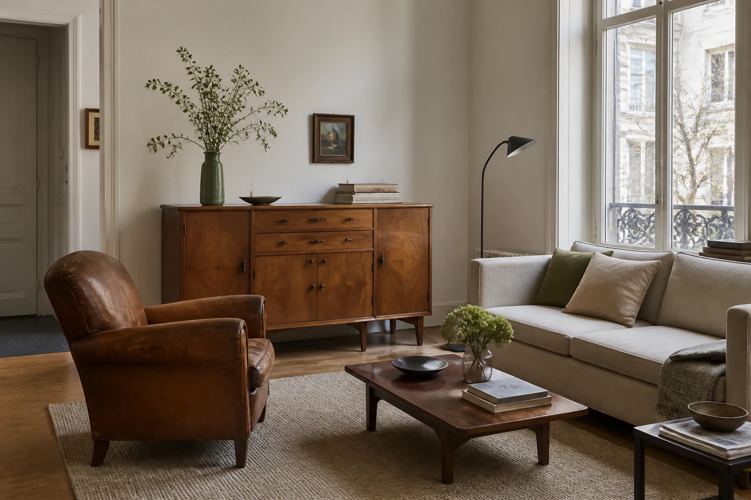 A calm living room combines an aged leather lounge chair and warm wooden sideboard with a simple pale contemporary sofa and black floor lamp.