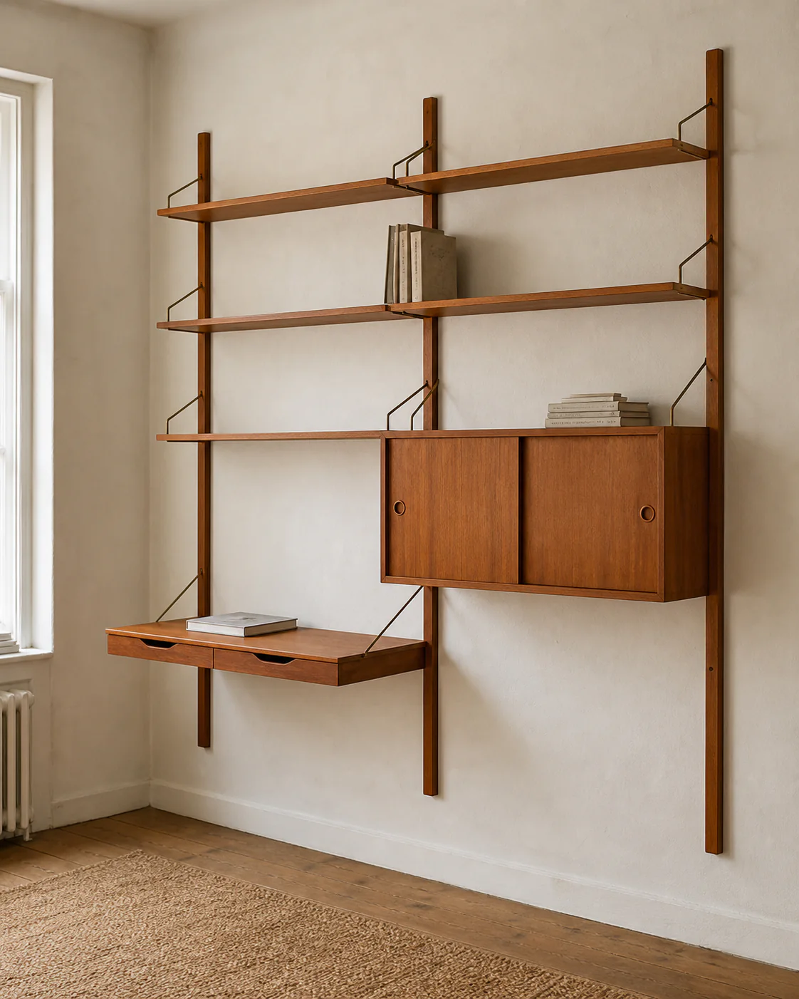 A generic timber wall-mounted shelving system with rails, shelves, a cabinet and a desk element in a quiet room.