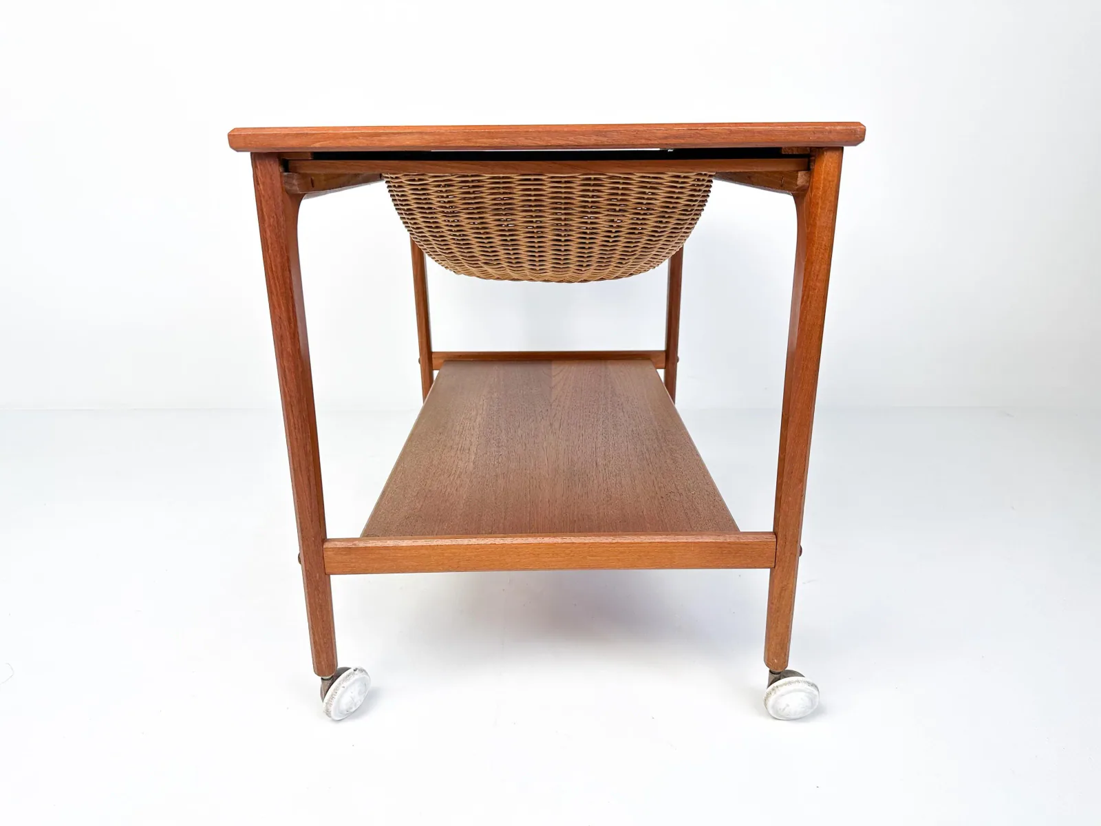 Mid-Century Teak Sewing Table or Bar Cart with Slide-Out Basket
