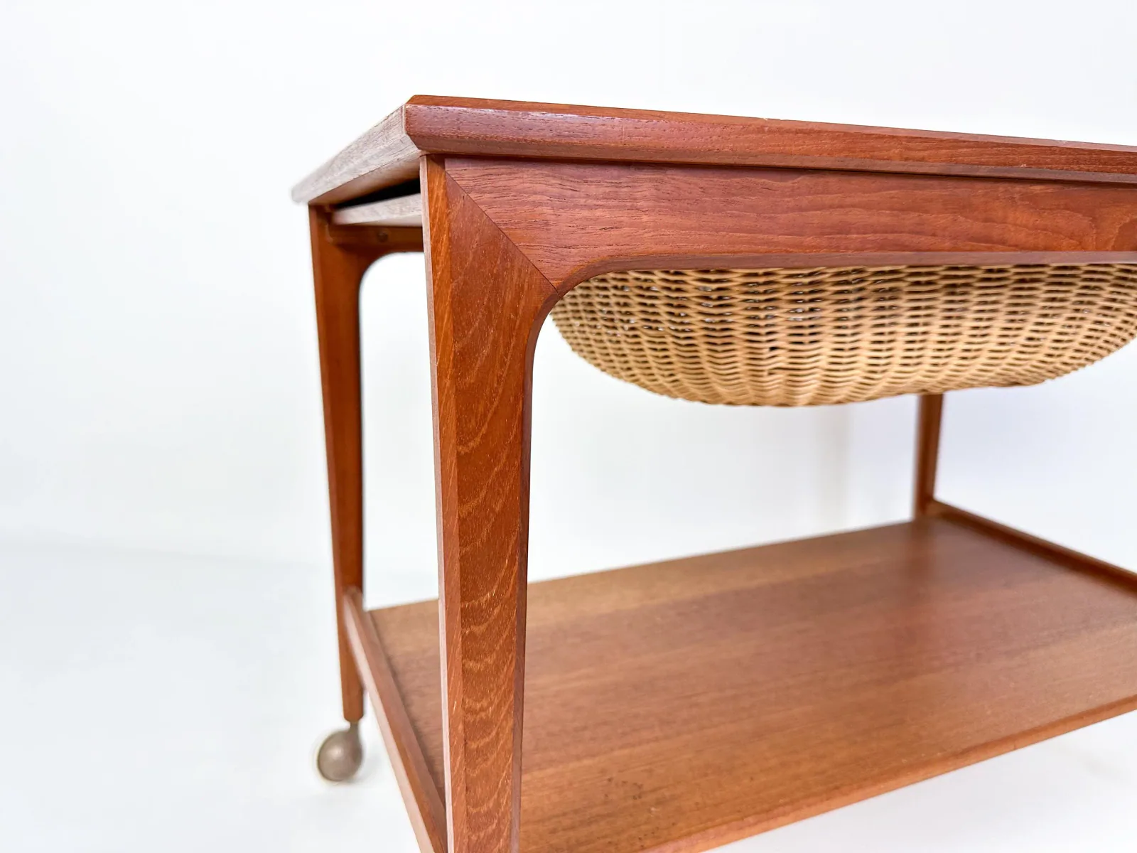 Mid-Century Teak Sewing Table or Bar Cart with Slide-Out Basket