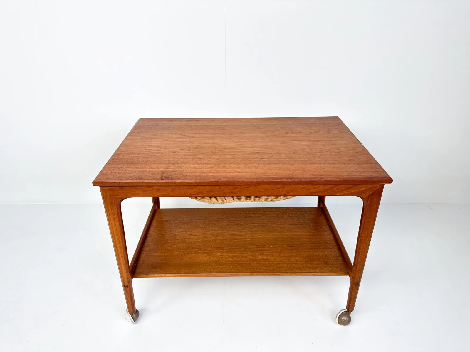 Mid-Century Teak Sewing Table or Bar Cart with Slide-Out Basket