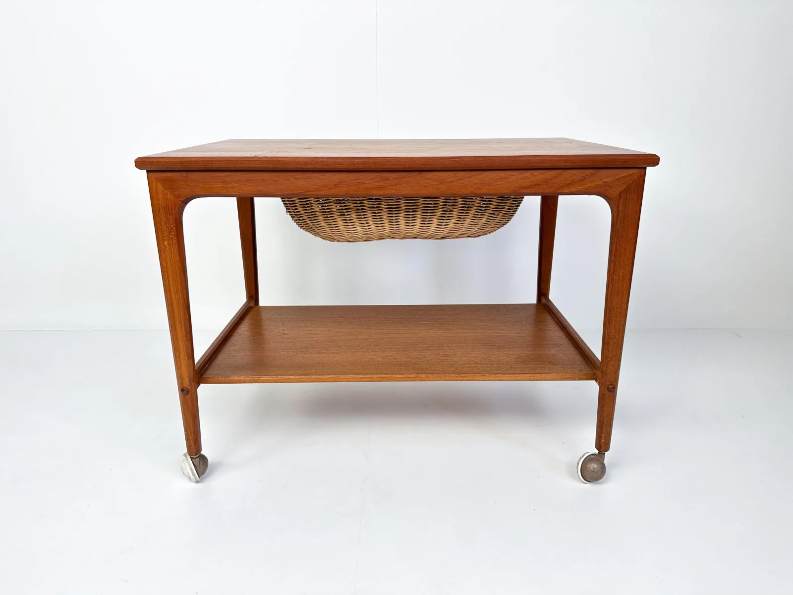 Mid-Century Teak Sewing Table or Bar Cart with Slide-Out Basket