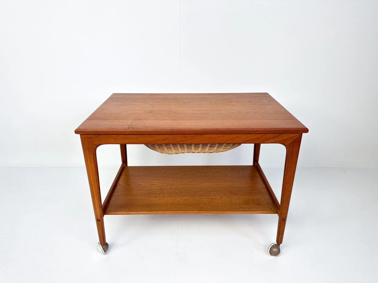 Mid-Century Teak Sewing Table or Bar Cart with Slide-Out Basket