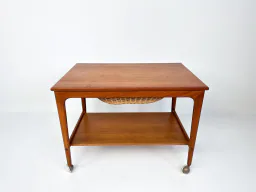 Mid-Century Teak Sewing Table or Bar Cart with Slide-Out Basket