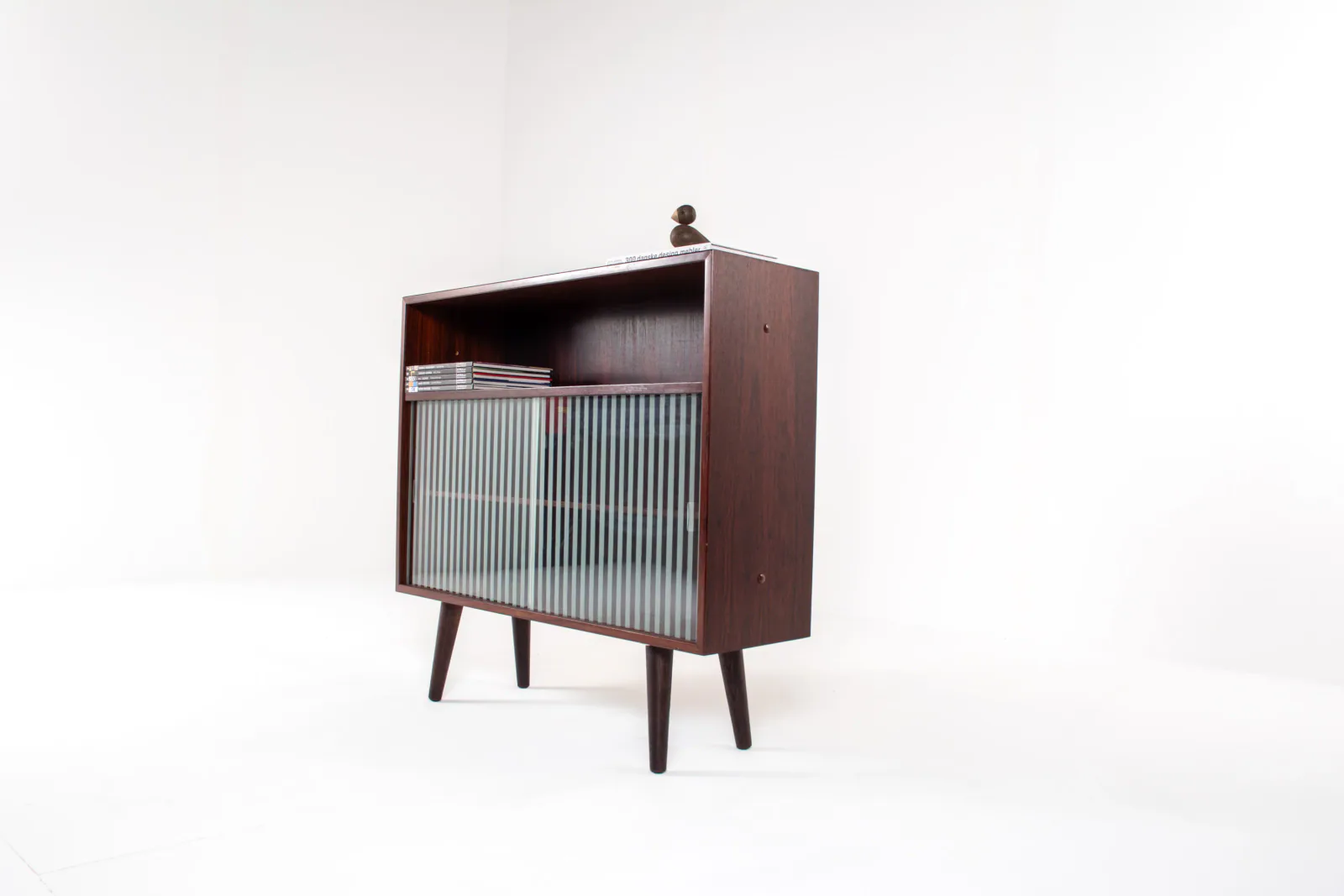 Danish Mid-Century Rosewood Storage Cabinet with Striped Glass Sliding Doors, 1960s