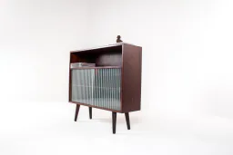 Danish Mid-Century Rosewood Storage Cabinet with Striped Glass Sliding Doors, 1960s
