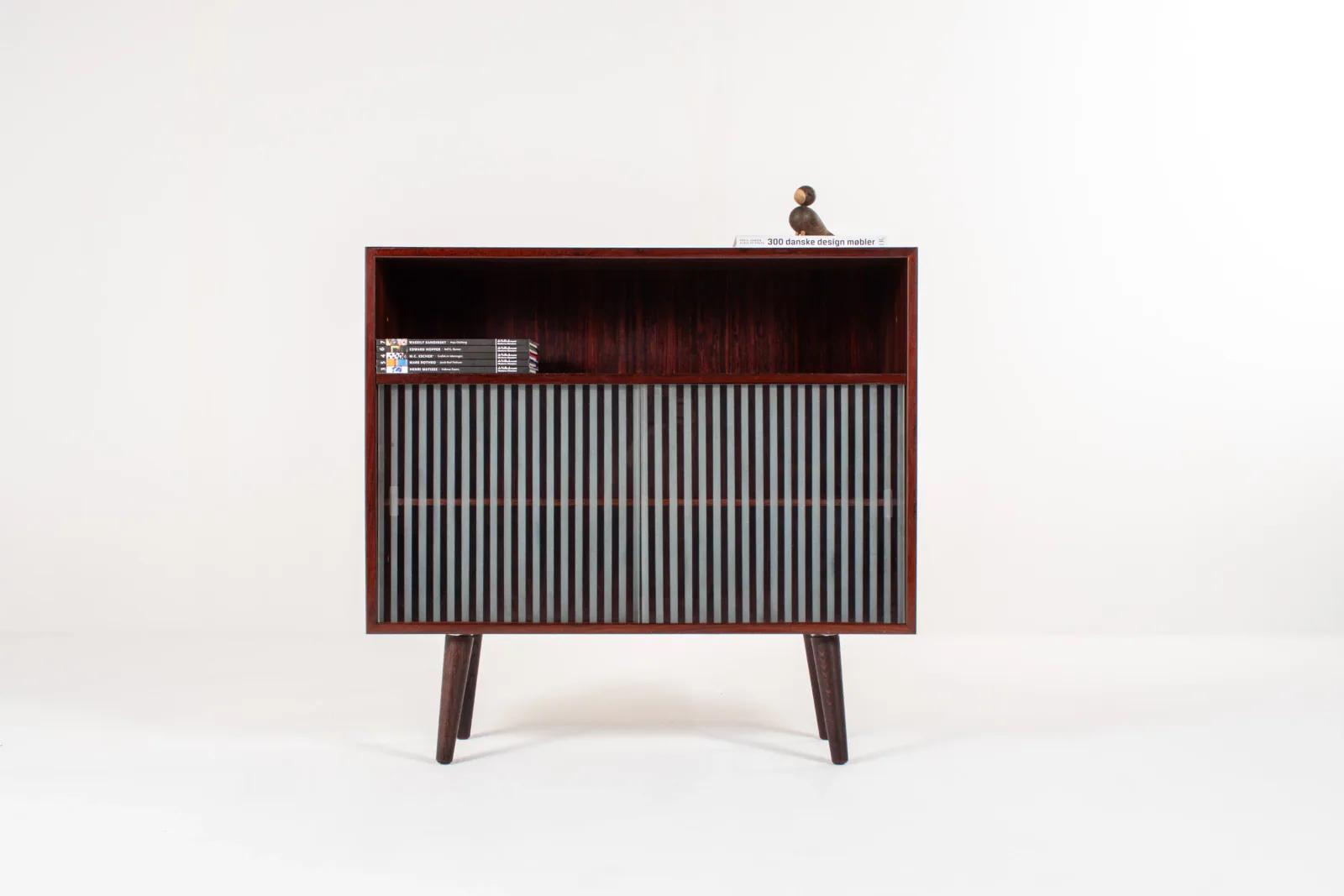 Danish Mid-Century Rosewood Storage Cabinet with Striped Glass Sliding Doors, 1960s