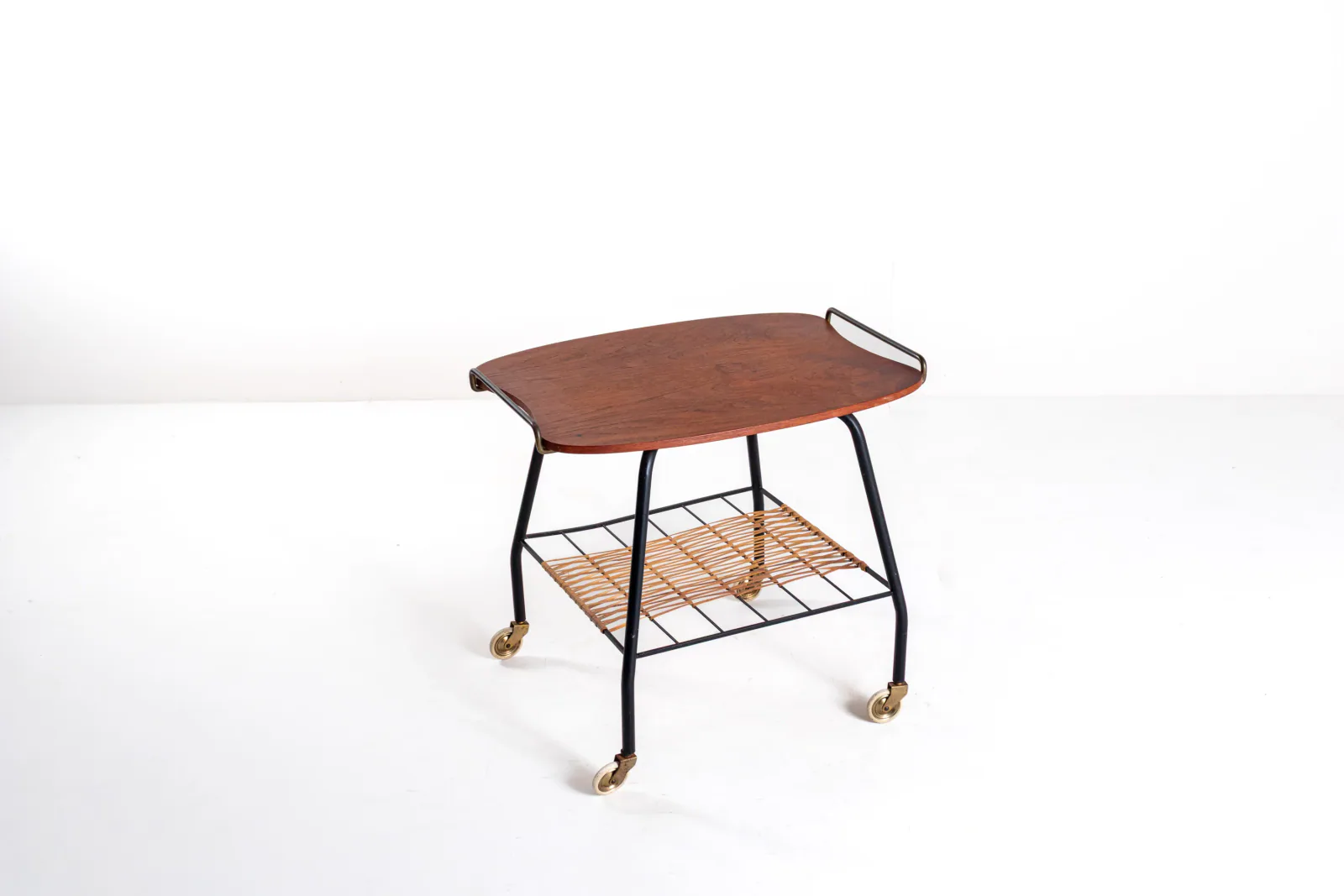 Danish Vintage Serving Cart / Tea Trolley, 1950s — Teak, Brass and Rattan