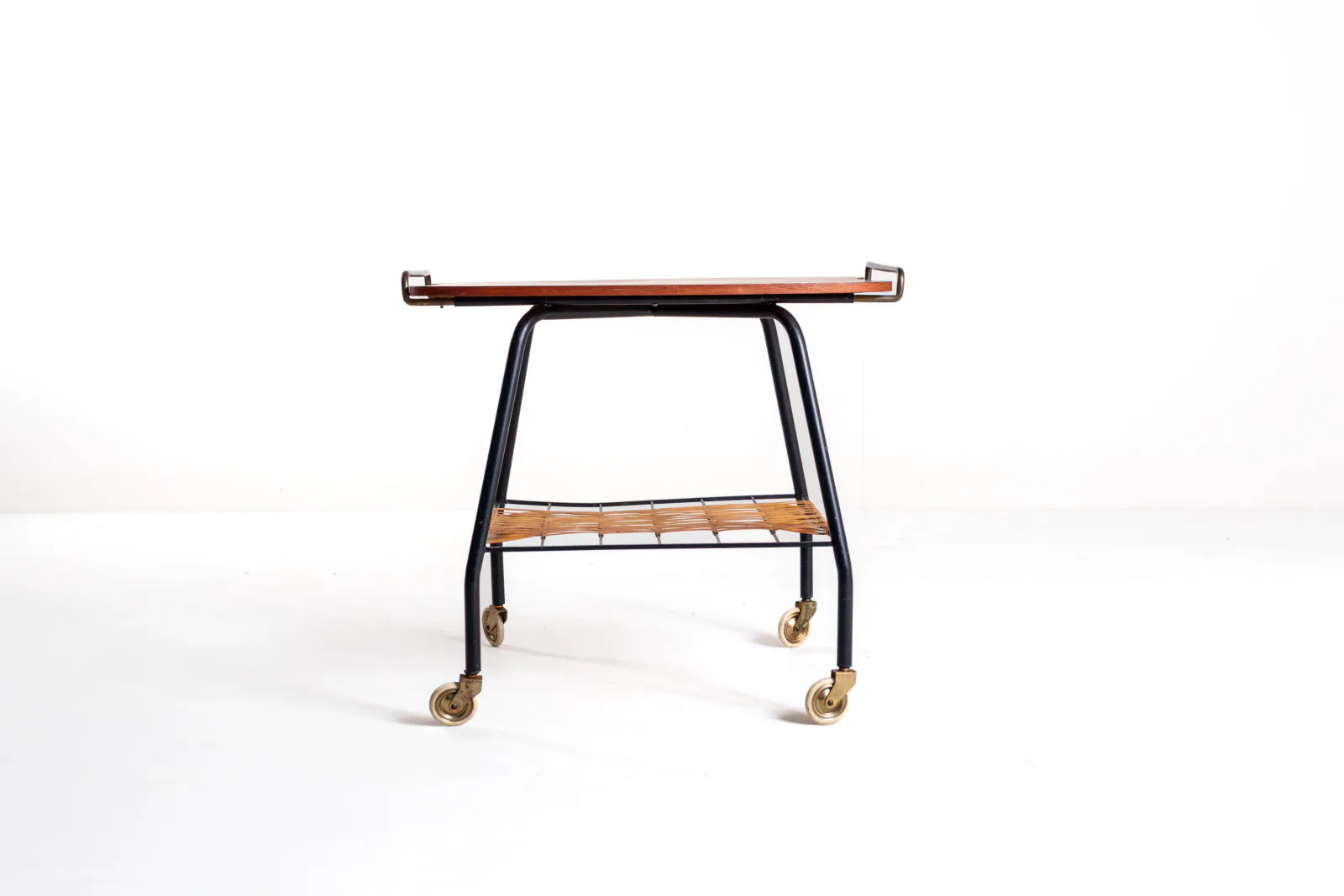 Danish Vintage Serving Cart / Tea Trolley, 1950s — Teak, Brass and Rattan