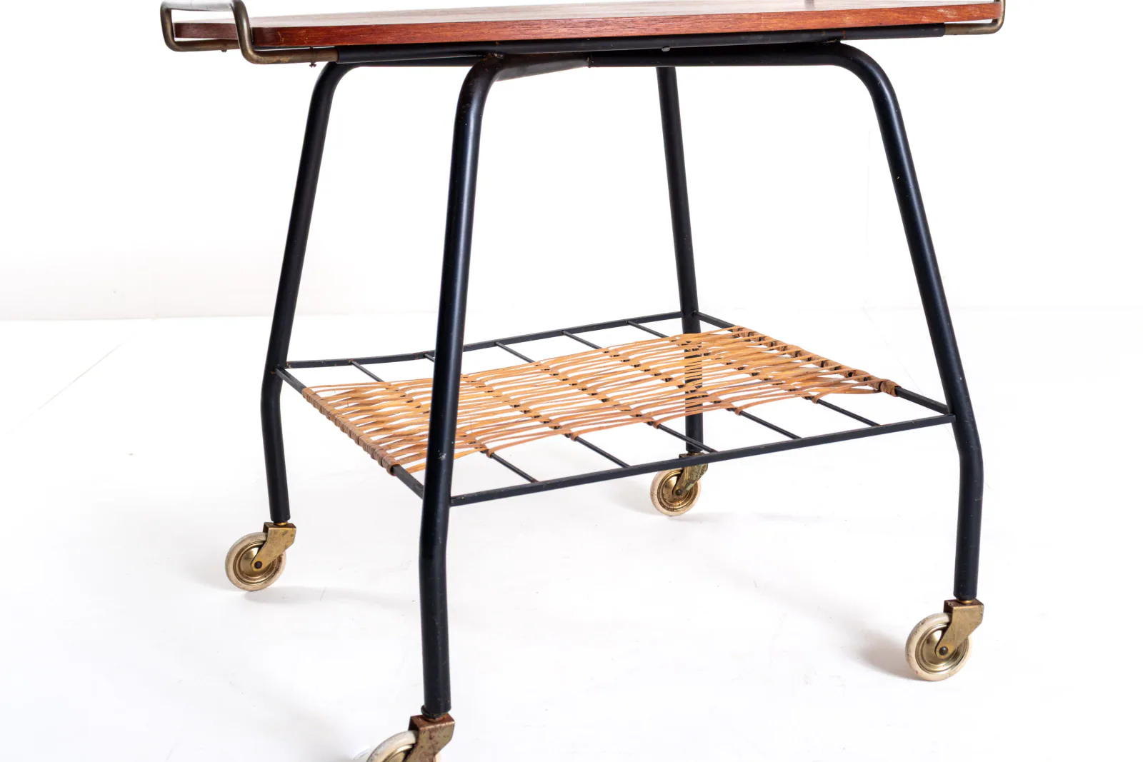 Danish Vintage Serving Cart / Tea Trolley, 1950s — Teak, Brass and Rattan