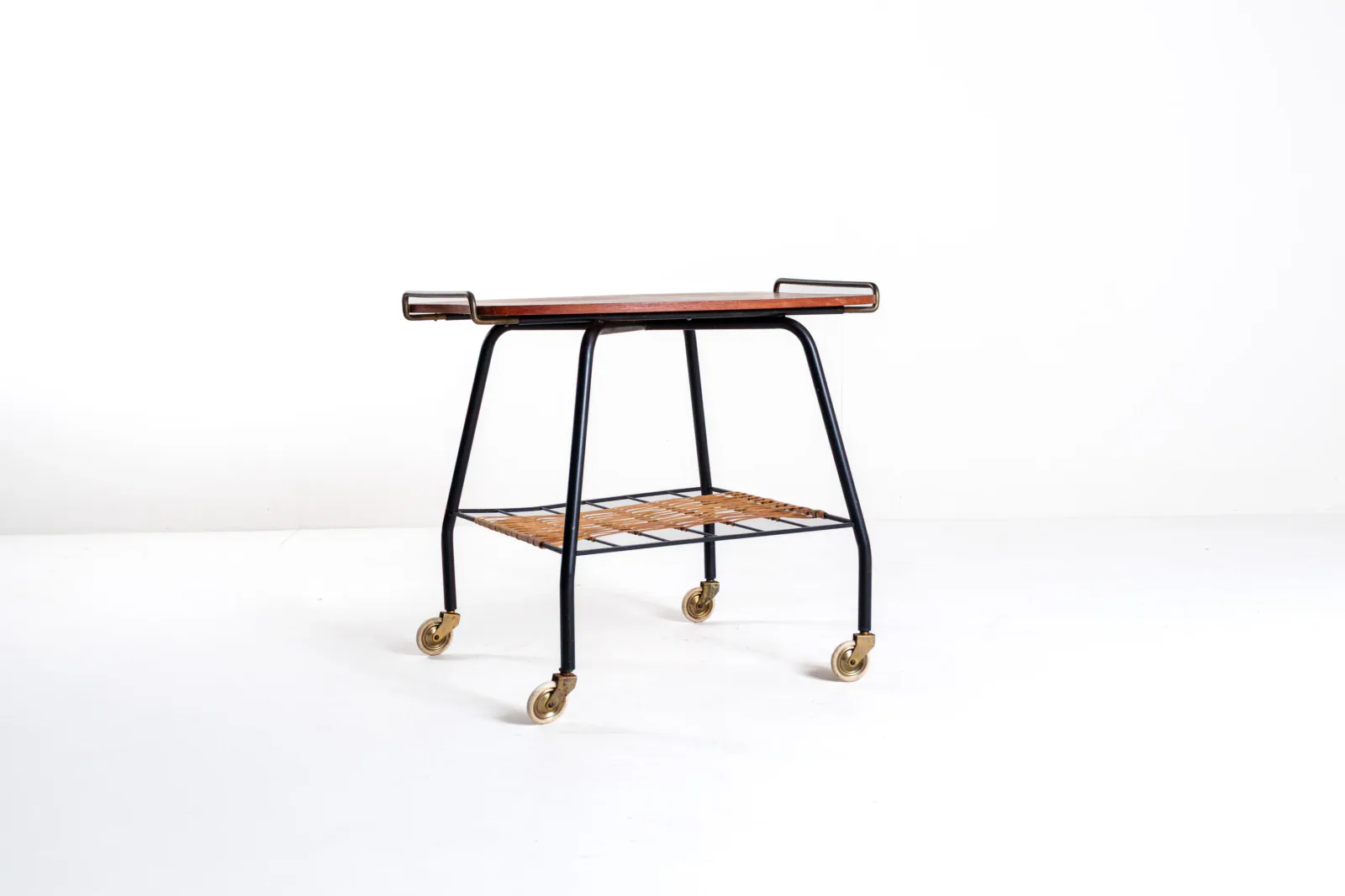 Danish Vintage Serving Cart / Tea Trolley, 1950s — Teak, Brass and Rattan