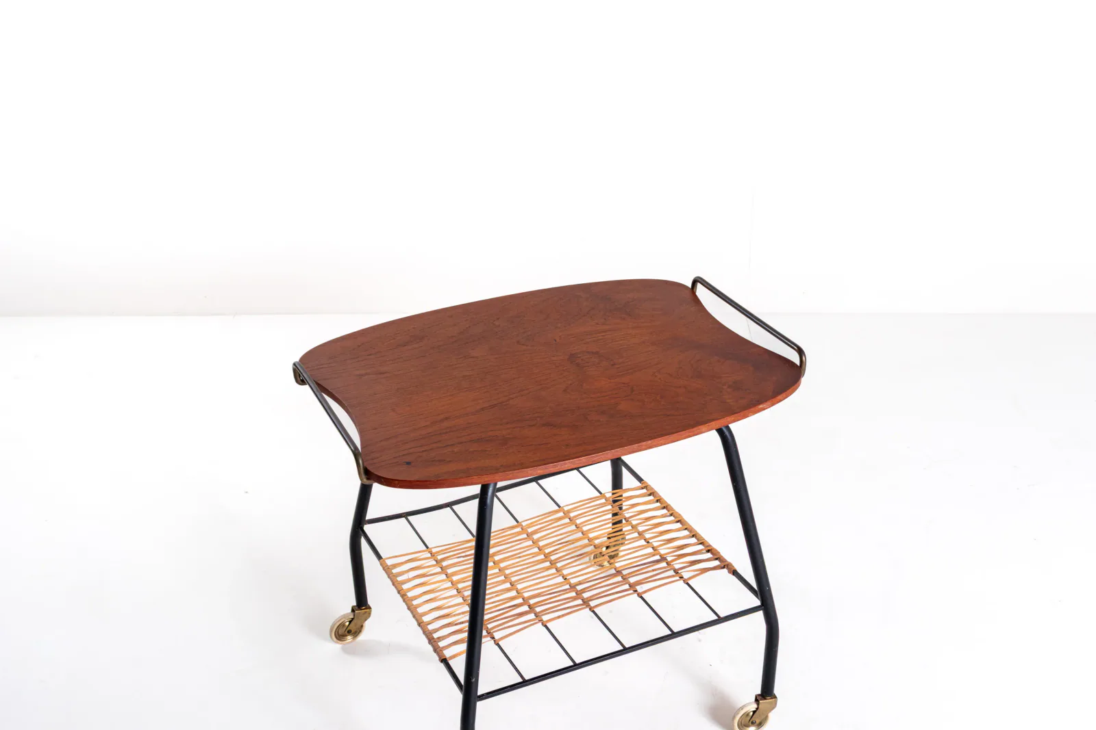 Danish Vintage Serving Cart / Tea Trolley, 1950s — Teak, Brass and Rattan