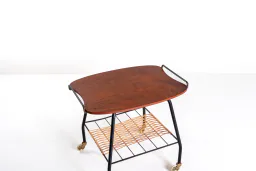 Danish Vintage Serving Cart / Tea Trolley, 1950s — Teak, Brass and Rattan