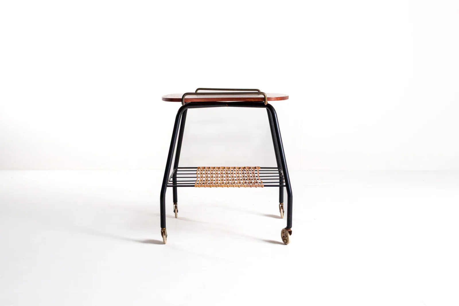Danish Vintage Serving Cart / Tea Trolley, 1950s — Teak, Brass and Rattan