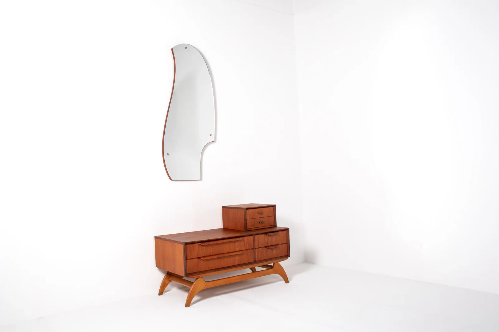 Danish Teak Low Chest with Sculptural Mirror, 1950s–60s