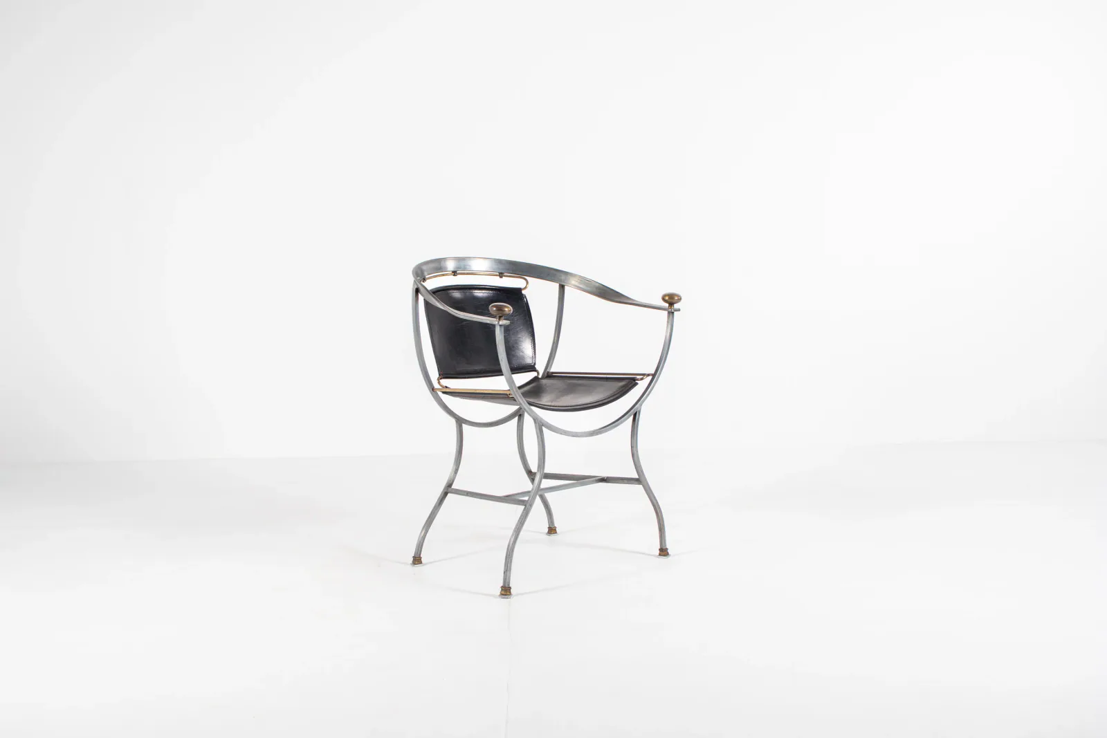 Alberto Orlandi Pompei Armchair in Steel, Bronze and Black Leather