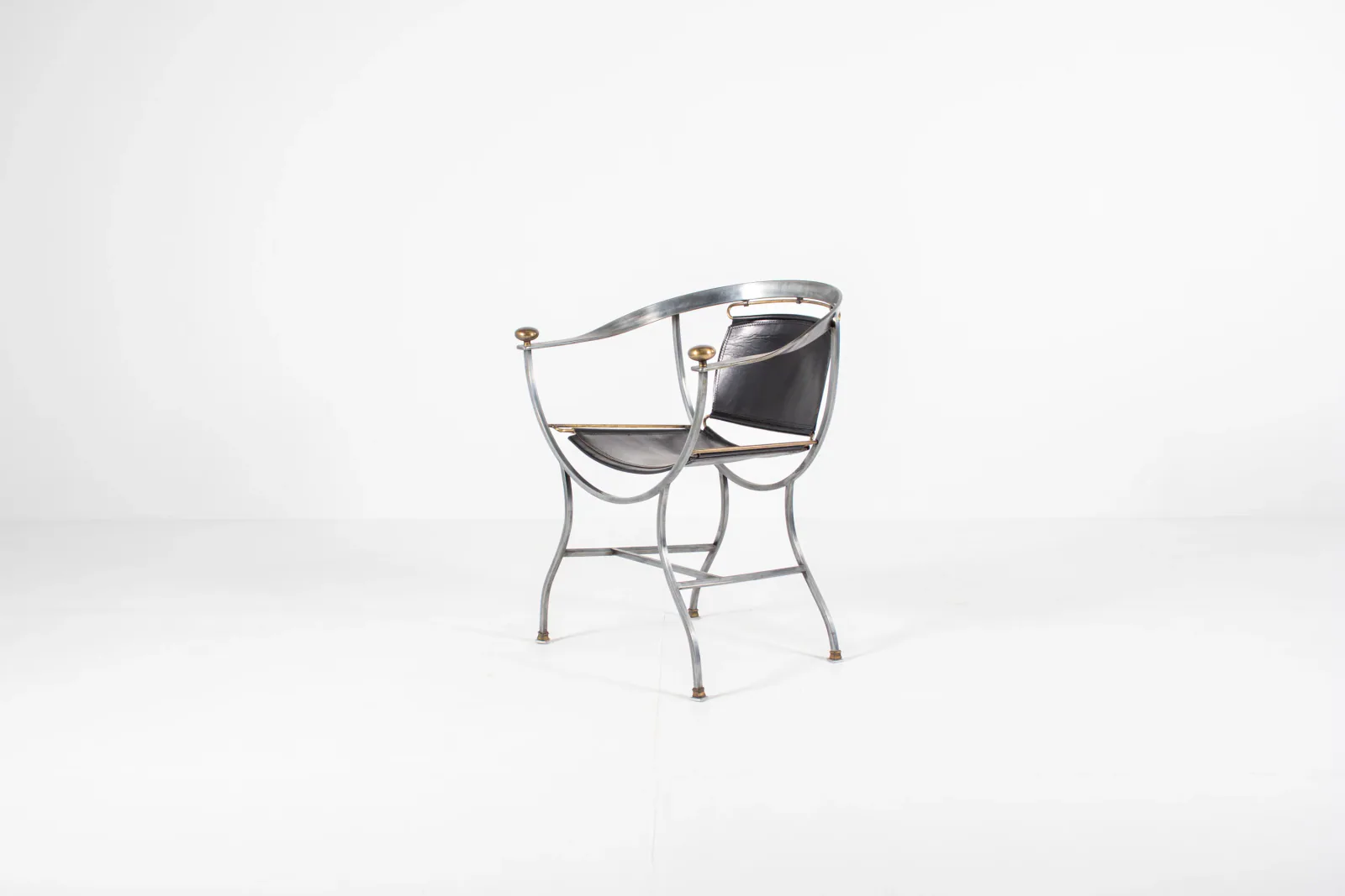 Alberto Orlandi Pompei Armchair in Steel, Bronze and Black Leather