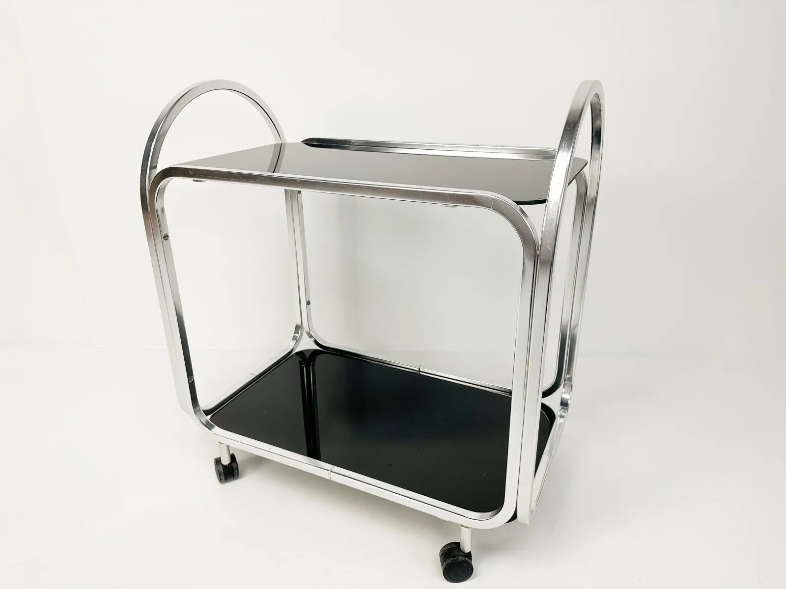 1970s Mid-Century Bar Cart with Black Glass Shelves