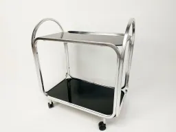 1970s Mid-Century Bar Cart with Black Glass Shelves