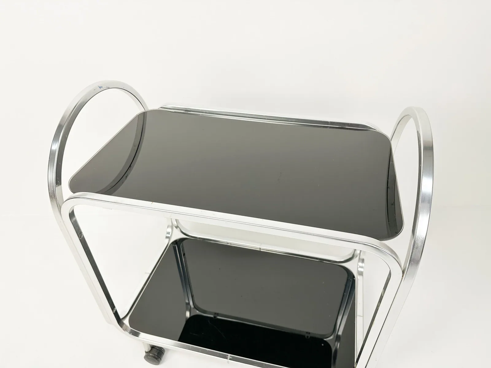 1970s Mid-Century Bar Cart with Black Glass Shelves