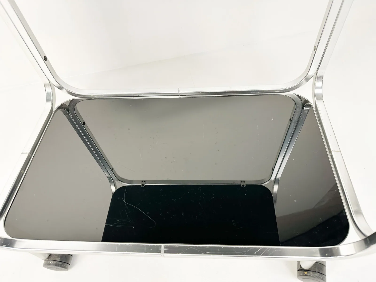 1970s Mid-Century Bar Cart with Black Glass Shelves