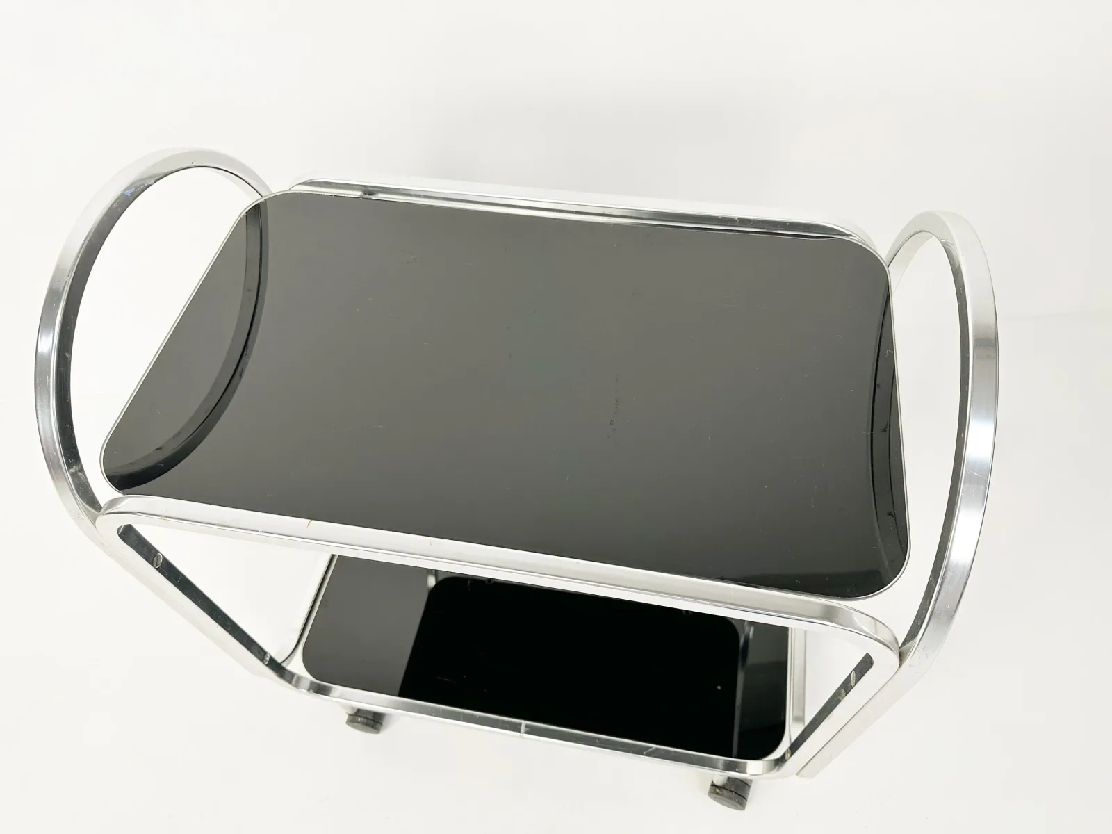 1970s Mid-Century Bar Cart with Black Glass Shelves
