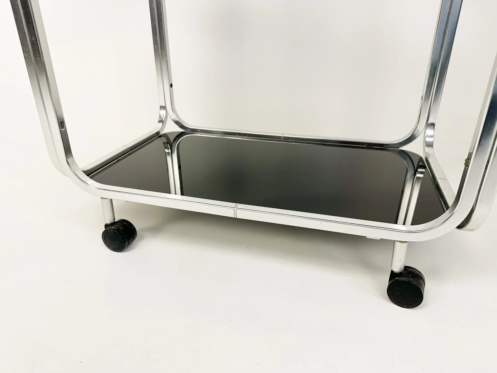 1970s Mid-Century Bar Cart with Black Glass Shelves