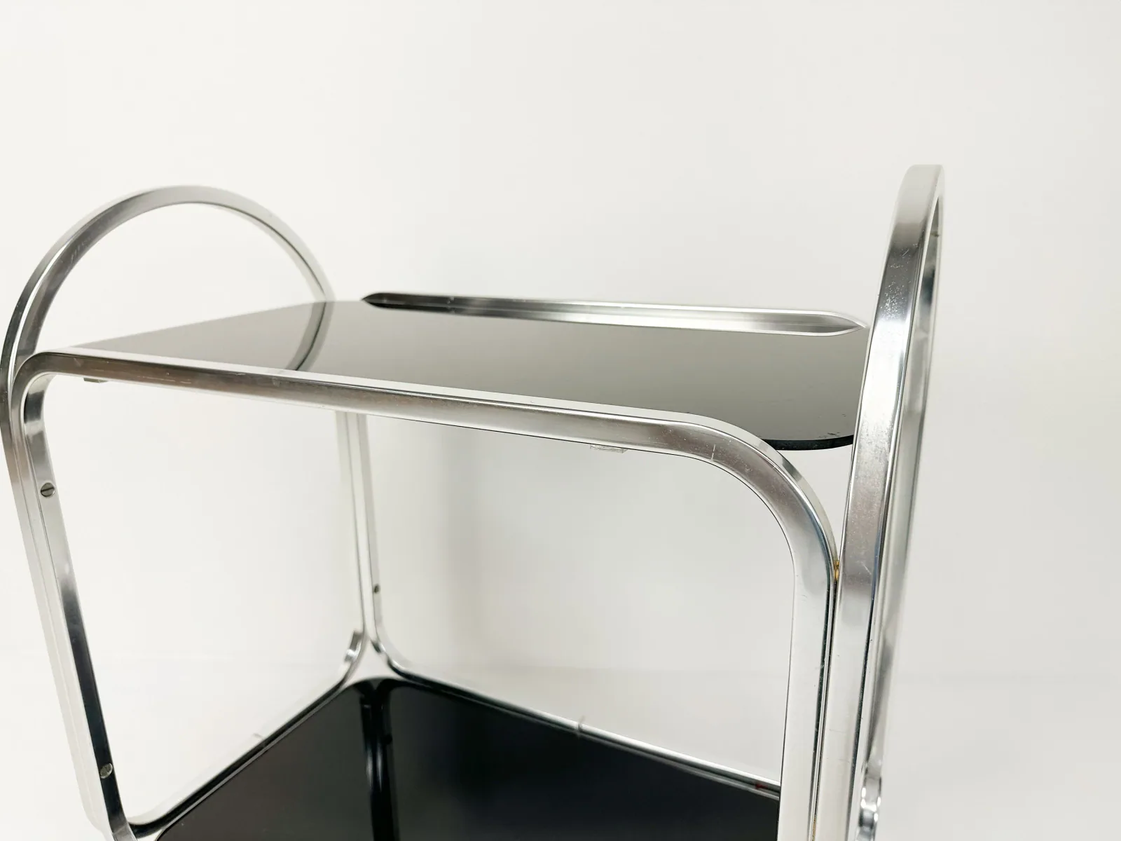 1970s Mid-Century Bar Cart with Black Glass Shelves