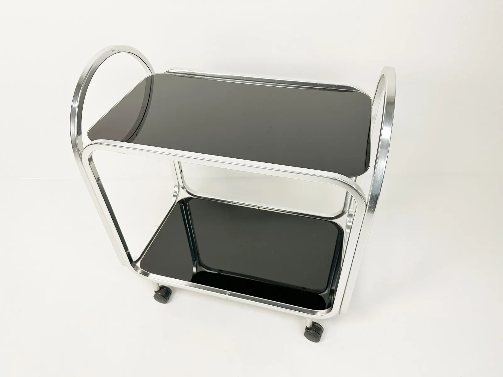 1970s Mid-Century Bar Cart with Black Glass Shelves