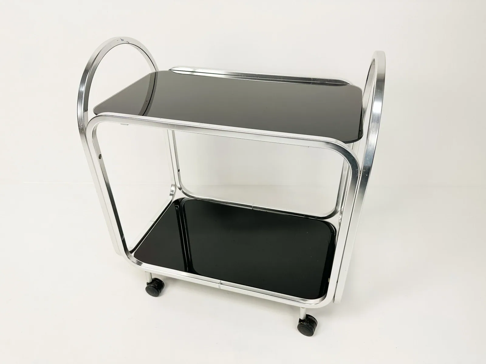 1970s Mid-Century Bar Cart with Black Glass Shelves