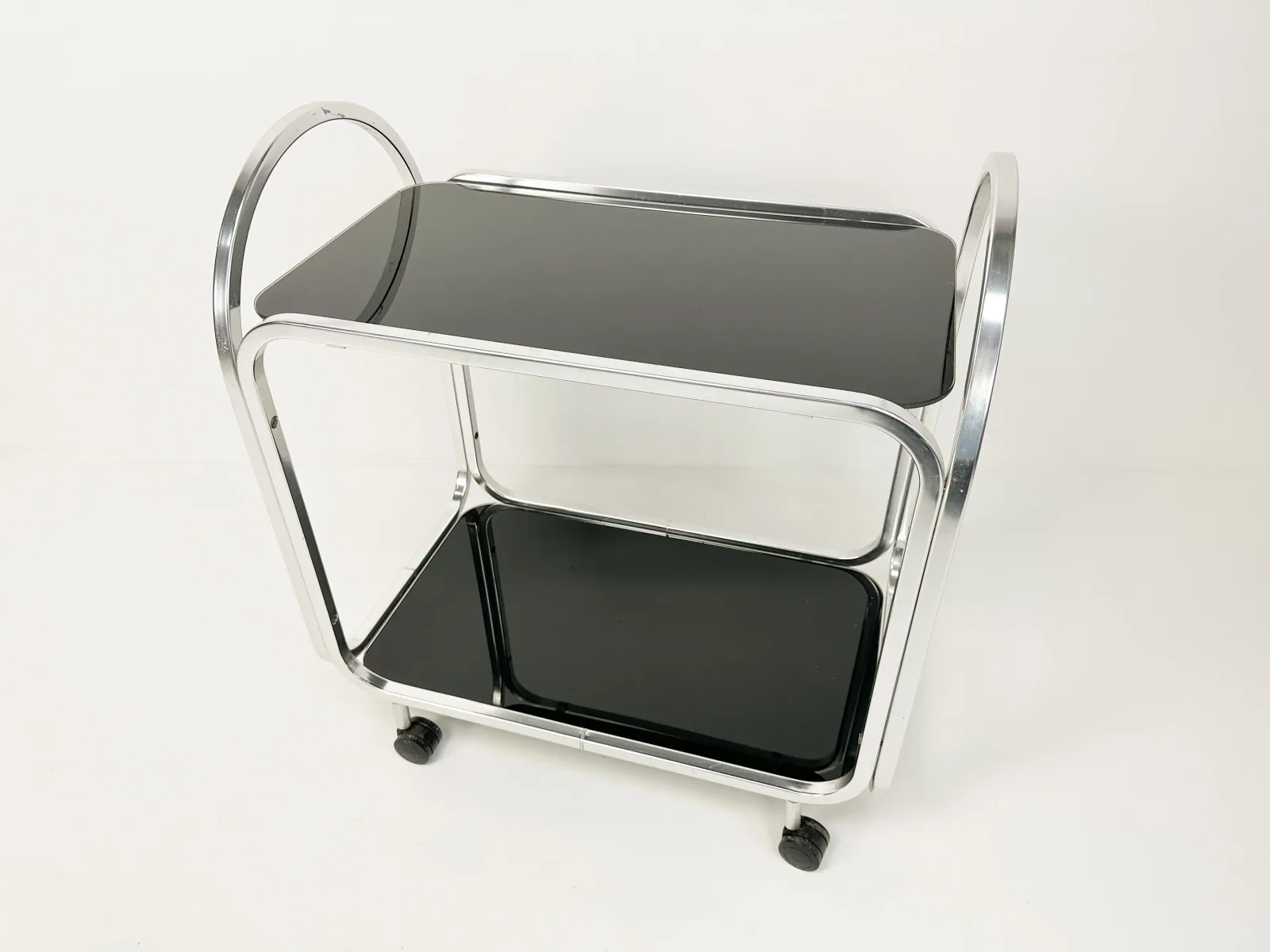 1970s Mid-Century Bar Cart with Black Glass Shelves